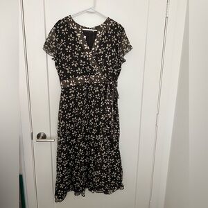Talbots Chocolate Brown and Cream Silk Floral Midi Dress